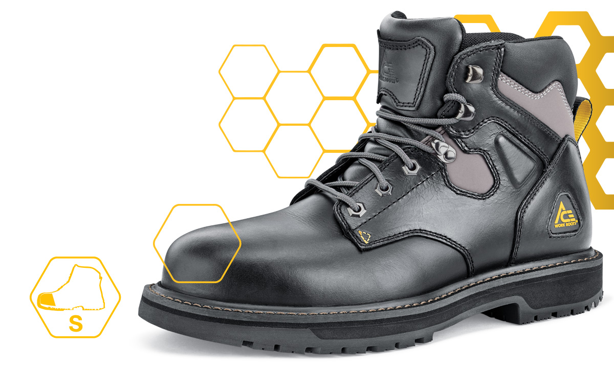 ACE boots with steel toes have a protective reinforcement plate to protect you from compression or falling objects.